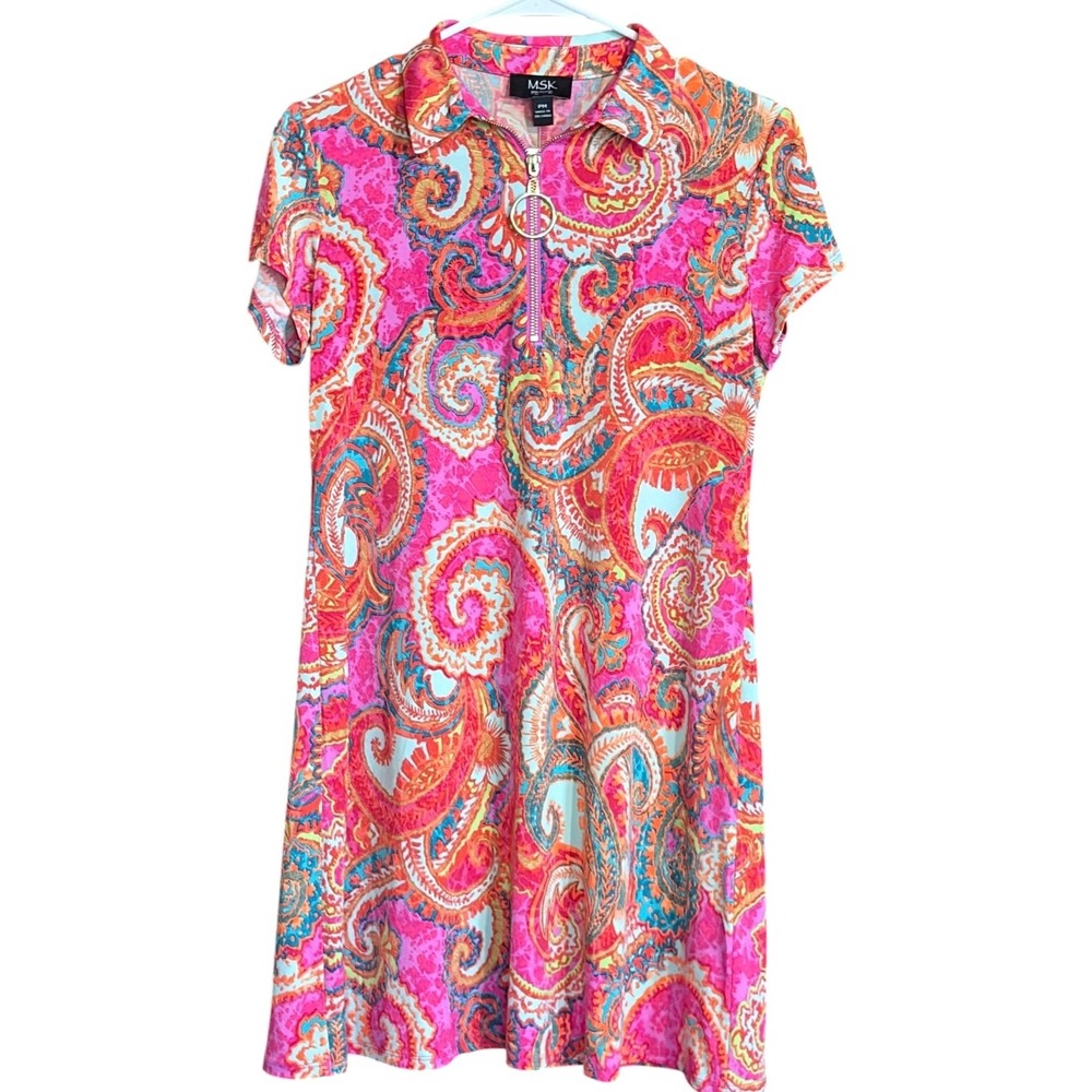 MSK Petite Pink Paisley Quarter Zip O-Ring Short Sleeve A-Line Dress‎ PM